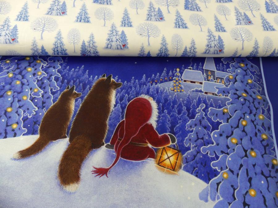 Patchworkstoff Tomtens Village Panel Winterwald mit Komistoff mit Tannen